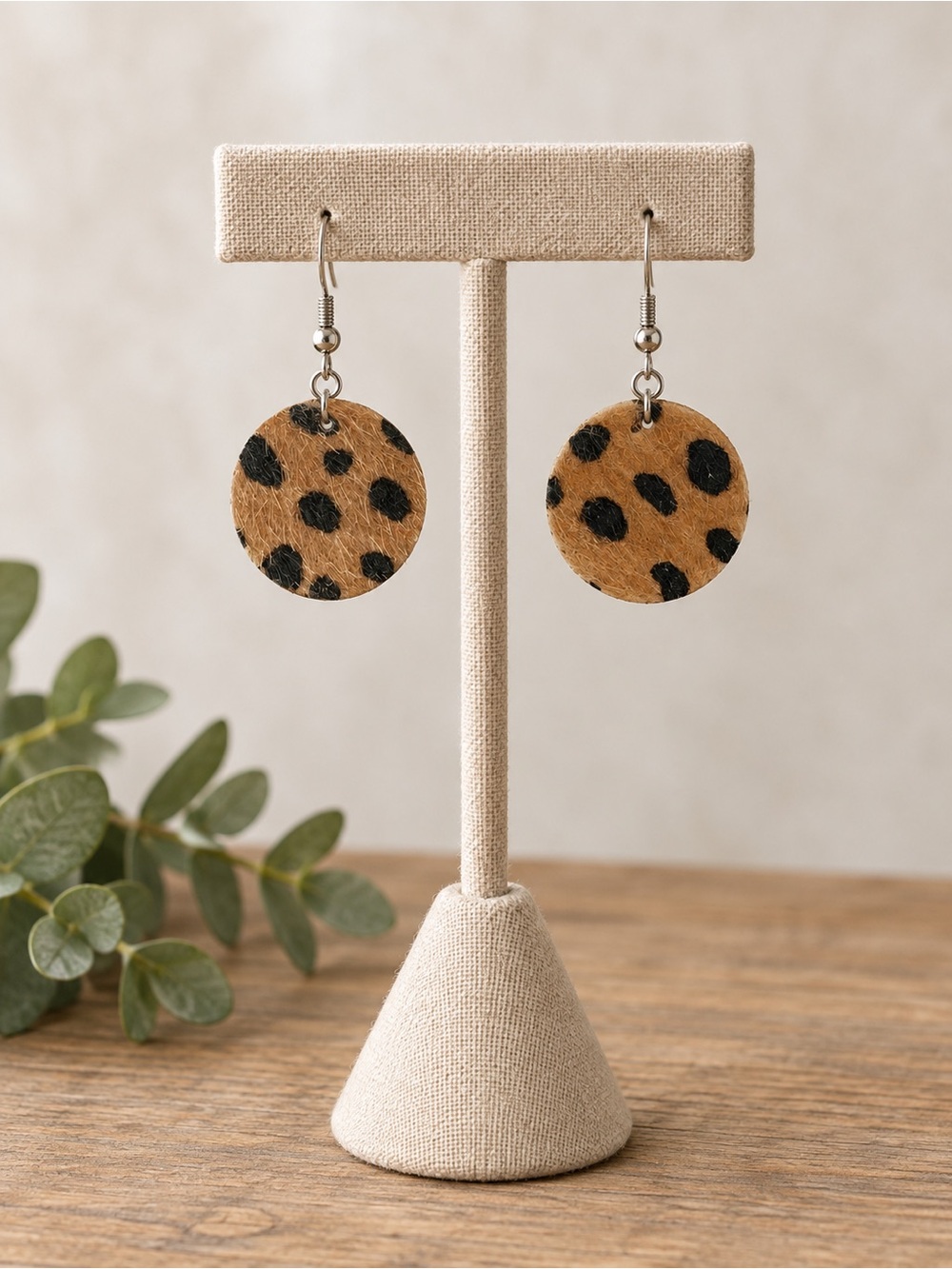 Leopard Print Round Dangle Earrings - Tan and Black